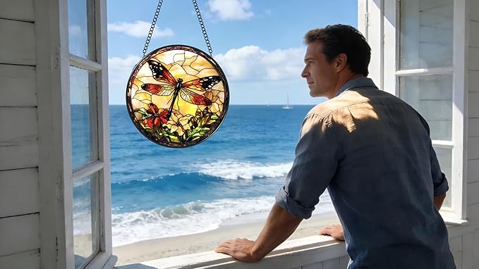 Stained Glass Window Hanging - A Dragonfly is Docked in The Garden 6.3 Inches Suncatcher for Garden Home Decor for Women Mon Grandma Friends