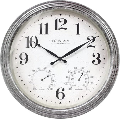 18 Inch Outdoor Clocks for Patio Large Waterproof with Thermometer, Large Wall Clock with Temperature and Humidity Combo,Weatherproof for Pool Decor,Galvanized Finish