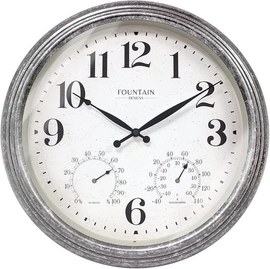 18 Inch Outdoor Clocks for Patio Large Waterproof with Thermometer, Large Wall Clock with Temperature and Humidity Combo,Weatherproof for Pool Decor,Galvanized Finish