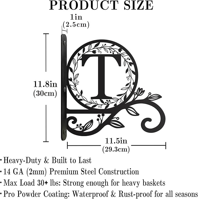 Personalized Initial Metal Plant Hanger Bracket, Decorative Wall Mount Hanging Plant Hook, Monogram Floral Leaf Garden Stake for Hanging Baskets Bird Feeders Lanterns Wind Chime (T)