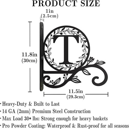 Personalized Initial Metal Plant Hanger Bracket, Decorative Wall Mount Hanging Plant Hook, Monogram Floral Leaf Garden Stake for Hanging Baskets Bird Feeders Lanterns Wind Chime (T)