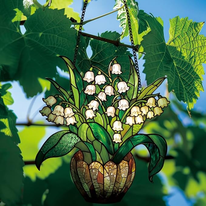 Lily of The Valley Acrylic Window Hanging,Colorful Flowerpot Hanging,Stained Acrylic Lily of Valley Sun Catcher for Home Office Wall Window Decor