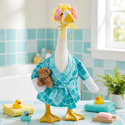 Shyyween Lady Porch Goose Outfit for 23'' Cement Plastic Lawn Goose Statue Clothes Bathrobe Bear Curlers for Outdoor Garden Yard Patio Decoration