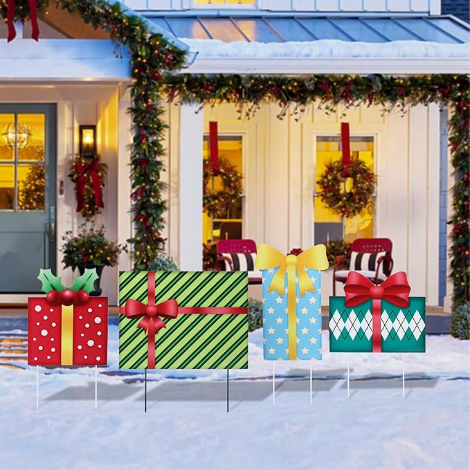 Afirst Christmas Yard Stakes Gift Box Christmas Yard Decorations Detachable 4 Stacked Gifts Boxes Metal Yard Stakes Outdoor Xmas Stake for Lawn Pathway Outdoor Decoration