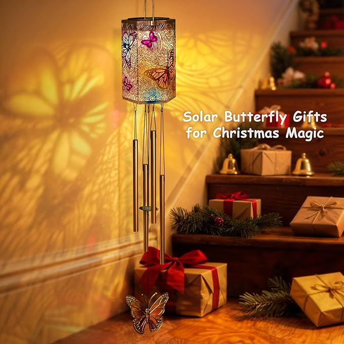Solar Wind Chimes for Outside, Butterfly Gifts Women 3D Multicolor Waterproof Solar Lantern Chimes Outdoor Lights Hanging Decor for Garden, Porch, Yard Gifts for Mom Grandma