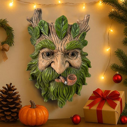 Whimsical Tree Face Garden Statues Outdoor Decor – Funny Old Man Tree Hugger Wall Sculpture with Pipe, Fairy Art Fence Hanging Resin Ornament, Outdoor Wall Mounted Sculpture for Patio Lawn & Home