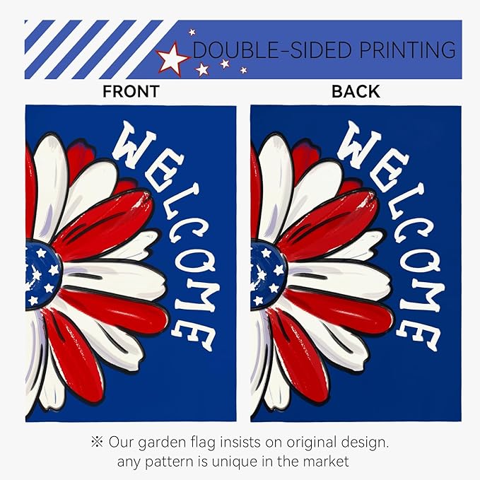 4th of July Garden Flag Patriotic Daisy Double Sided Yard Flag Burlap Welcome Independence Day House Banner Memorial Day Floral America Blue Garden Flags Outdoor Decoration 12x18 Inch
