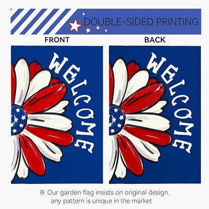 4th of July Garden Flag Patriotic Daisy Double Sided Yard Flag Burlap Welcome Independence Day House Banner Memorial Day Floral America Blue Garden Flags Outdoor Decoration 12x18 Inch