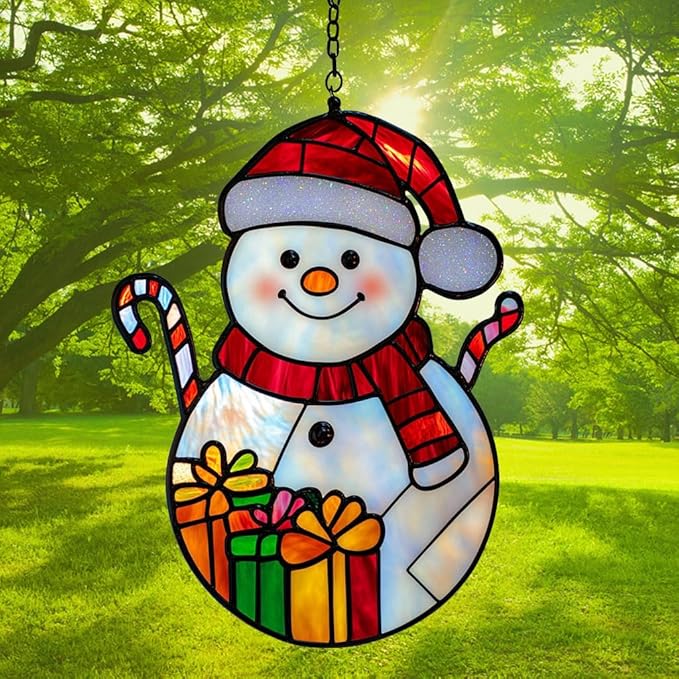 Cute Snowman Acrylic Suncatcher Stained Glass Effect Window Car Hanging Christmas Ornament Indoor Outdoor Decor Garden Sun Catcher Panel for Christmas Lover for Women Mom Grandma