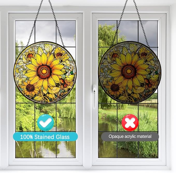 Sunflower Decor Suncatcher Stained Glass Window Hanging - 8” Handmade Suncatchers for Windows Hanging - Sun Catchers Wall Home Garden Decor Glass Panels - Mothers Day Birthday Gifts for Mom Grandma