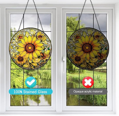 Sunflower Decor Suncatcher Stained Glass Window Hanging - 8” Handmade Suncatchers for Windows Hanging - Sun Catchers Wall Home Garden Decor Glass Panels - Mothers Day Birthday Gifts for Mom Grandma