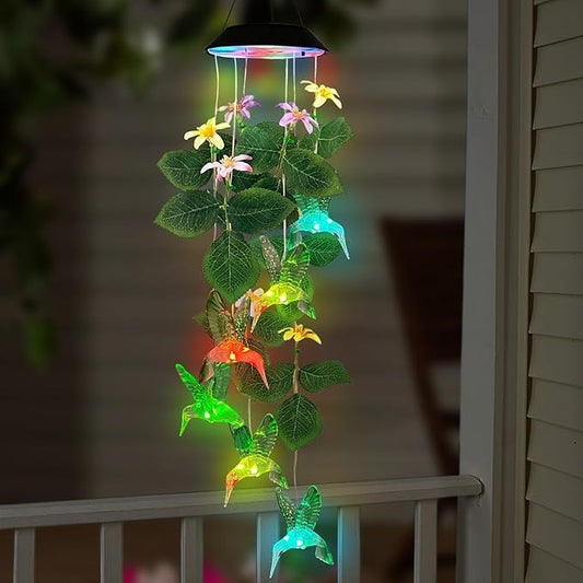 Hummingbirds Solar Wind Chimes Outdoor,Color Changing LED Dangler Mobiles for Outside, Hanging Decoraition for Patio,Porch,Yard,Gifts for Women