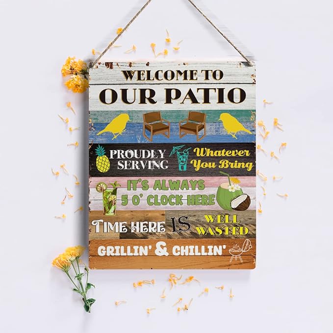 Colorful Patio Sign Gifts, Rustic Welcome to Our Patio Wooden Signs Wood Plaque Hanging Sign Home Outdoor Decor 8 x 10 Inches