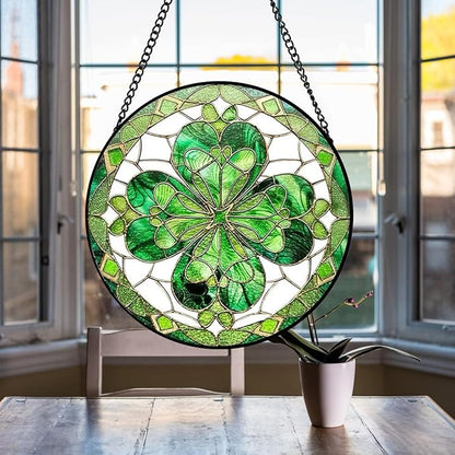 Four-Leaf Clover Suncatcher Stained Glass Window Hanging - 8 Inch Green Clover Sun Catchers Shamrock Suncatchers for Windows Hanging - St Patricks Day Decorations Glass Panel Irish Gift for Women Men