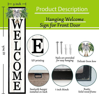 flowtorely Outdoor Welcome Sign for Front Porch Standing 45"×9" Tall Wood Frame Vertical Leaner farmhouse Outside Rustic Large Welcome Sign for Front Door Home Decorations (Black)