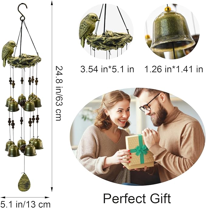 MrMrKura Bird Nest Wind Chime, Bird WindChimes with 12 Bells for Glory Mothers Love Gift Decorative Hanging Bells for Outdoor Garden Backyard Home Decor