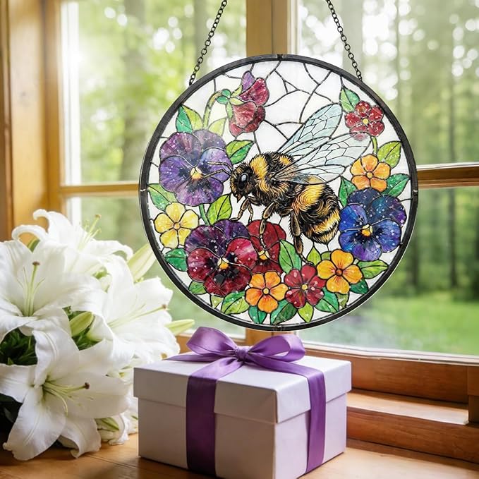 Bee Stained Glass Window Hanging - Round Floral & Bee Suncatcher with Chain, Colorful Glass Ornament for Home Garden Window Decor Gift, 8 Inch