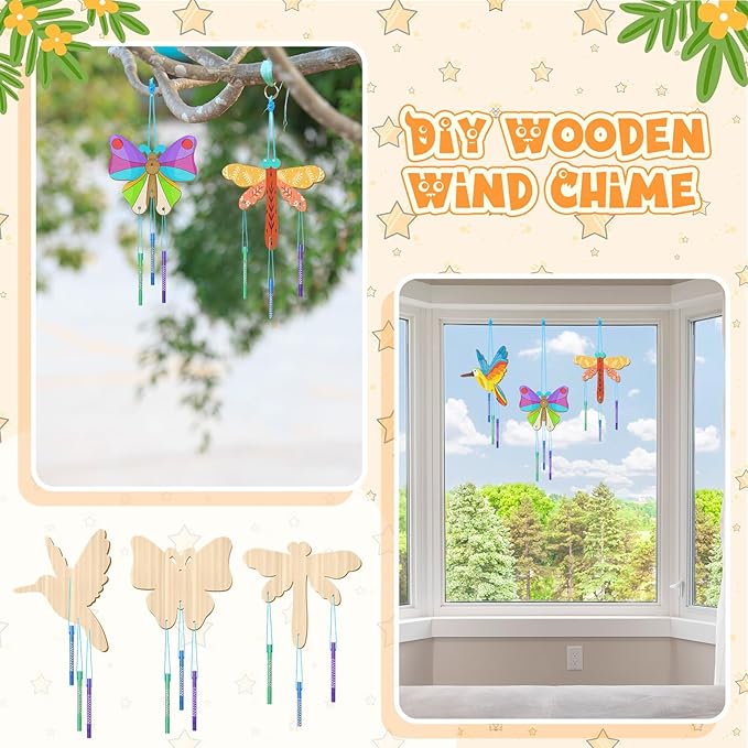 Leinuosen 30 Pcs Wind Chime Kit Hummingbird Wooden Wind Chimes Decorative Butterfly Windchimes Hanging Dragonfly DIY Crafts for Indoor Outdoor Garden Home Patio Party Crafts Decorations