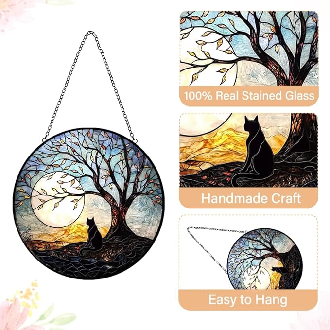 Black Cat Suncatcher Stained Glass Windows Hanging - Cat on a Tree Suncatchers for Windows Hanging - Handmade Sun Catchers Indoor Home Outdoor Garden Decor - Memorial Gifts for Cat Lover Women Men