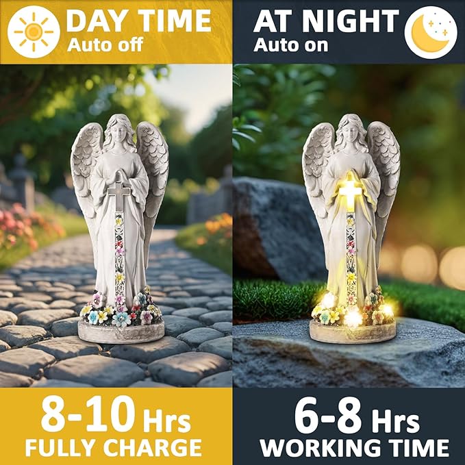 Angel Garden Statues Outdoor Cemetery Decorations for Grave 8.2" Resin Praying Angel Figurines Featuring Cross Solar Light Waterproof Angel Decor for Grave-Sympathy Gifts for Loss of Loved One