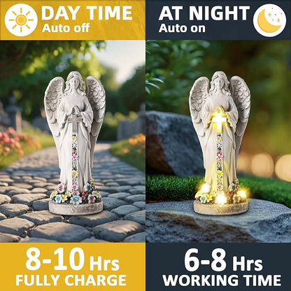 Angel Garden Statues Outdoor Cemetery Decorations for Grave 8.2" Resin Praying Angel Figurines Featuring Cross Solar Light Waterproof Angel Decor for Grave-Sympathy Gifts for Loss of Loved One