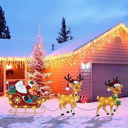 WONDER GARDEN Christmas Metal Yard Stakes, Lighted 3 Pack Christmas Garden Stakes Yard Signs, Outdoor Decorations with Santa Sleigh and Reindeer for Lawn Party Outside