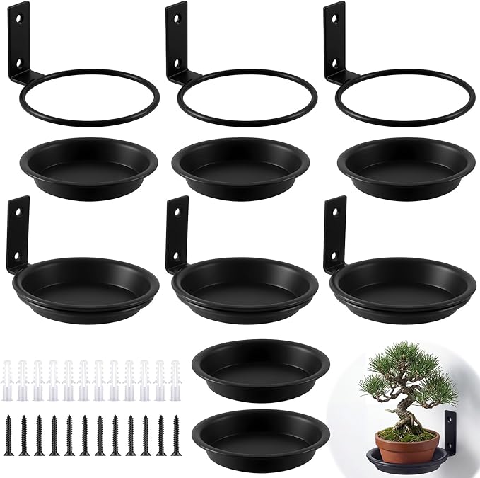 6 Pack 6'' Wall Mount Plant Holder with 8 Replaceable Trays, Heavy Duty Metal Flower Pot Holder Ring, Plant Hanger for Wall Indoor, Ring Planter Bracket for Outside Outdoor Bird Feeder Bath