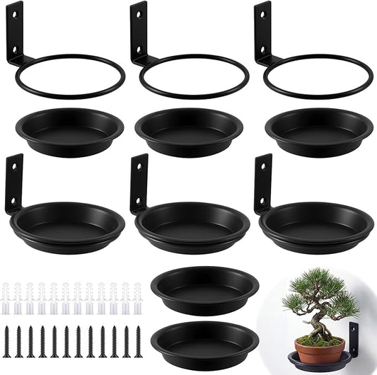 6 Pack 6'' Wall Mount Plant Holder with 8 Replaceable Trays, Heavy Duty Metal Flower Pot Holder Ring, Plant Hanger for Wall Indoor, Ring Planter Bracket for Outside Outdoor Bird Feeder Bath
