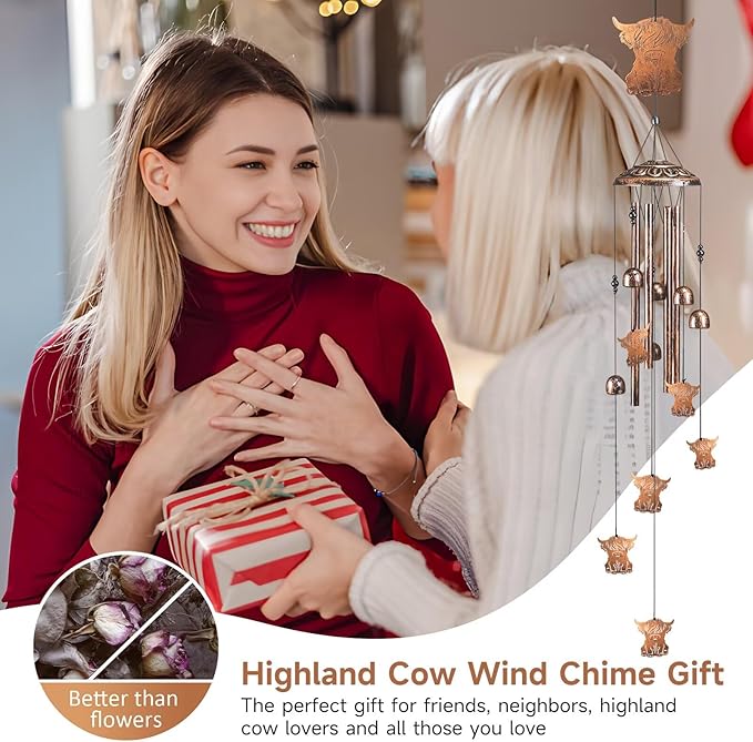 Highland Cow Wind Chimes for Outside,41" Metal Windchimes, Housewarming/Easter/Halloween/Festival/Birthday/Anniversary Highland Cow Gifts for Women/Men, Cow Decorations for Outside, Garden or Yard