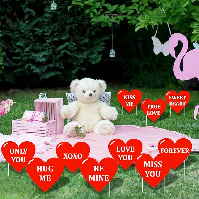 10-Piece Valentine Heart Yard Signs with Stakes Decorations – Assorted Red Heart Messages 12 Inches Large Outdoor Valentine Sweetheart Signs for Lawn, Garden, Driveway, and Romantic Party Décor