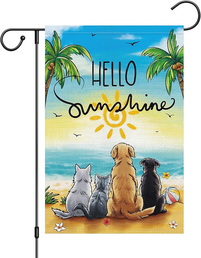 Summer Garden Flag Hello Sunshine Dog Cats Beach Double Sided Burlap 12x18 Inche for Porch Lawn Yard Outdoor and Home Decor