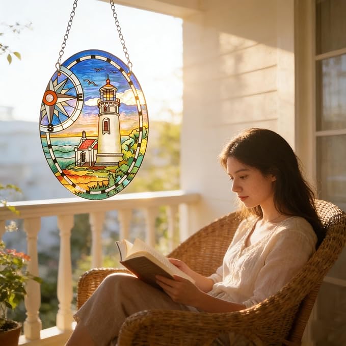 Lighthouse Garden Suncatcher for Window, Elliptic Stained Glass Window Hanging Memorial Gift Stained Glass Birthday Gift for Mom Sun Catchers Window Home Garden Christmas Party Wedding Decor (G)