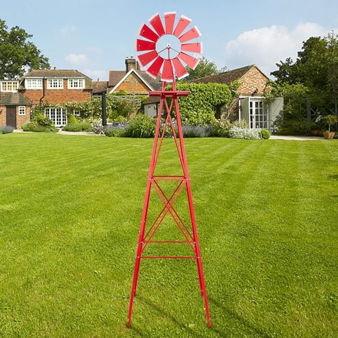 Metal Windmill for Garden Yard Decor, 8ft Tall Windmill Pinwheels Outdoor with Spinning Blades, Weather Vanes Lawn Ornaments, Weather-Resistant, Red