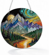 Sun Mountains Acrylic Window Hanging, Boho Wall Art Decor, Home Decor for Room, Hand Painted Round Acrylic Sun Catcher with Chain, Housewarming Gift, Women Gift for Friends Family