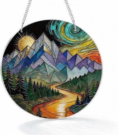 Sun Mountains Acrylic Window Hanging, Boho Wall Art Decor, Home Decor for Room, Hand Painted Round Acrylic Sun Catcher with Chain, Housewarming Gift, Women Gift for Friends Family