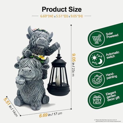 Solar Garden Outdoor Statues Lantern Figurines Light Decorations for Outdoor Patio Balcony Yard Lawn, Ideal Gifts for Mom Friends (Cement Gray- Cow)