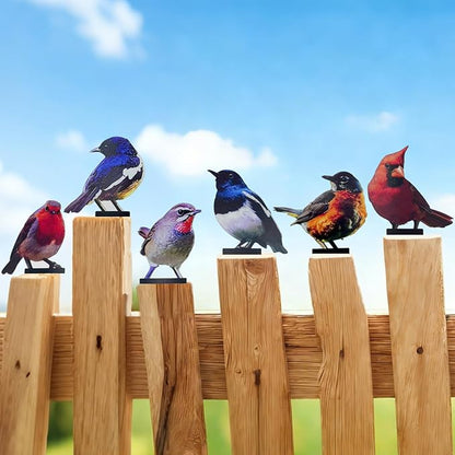 6 PCS Color Painted Metal Bird Sculptures - Vivid 2D Garden Decor for Outdoor Fences, Patio, Yard for Bird Lovers
