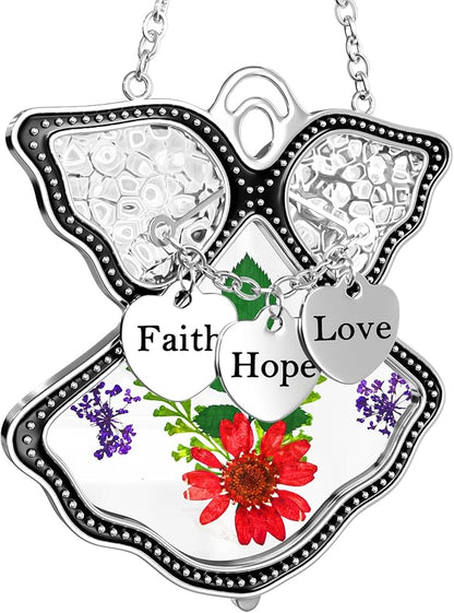KY&BOSAM Angel Suncatcher Faith Hope Love Stained Glass Suncatchers for Windows Hangings Wind Chimes with Pressed Real Flowers and Heart Charm Engraved Birthday Gifts for Mom Mothers Day Christmas