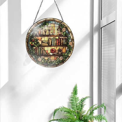 Bimkole Book Stained Glass Suncatcher Window Hanging - Flowers Indoor Window or Doorway Decoration - Handmade Sun Catcher Decor for Garden Home Christmas & Birthday Gifts 7.87x7.87 Inch