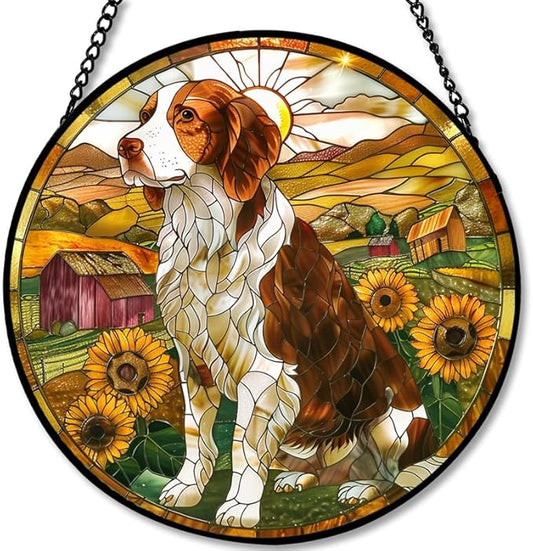 Stained Glass Window Hanging - Farm Dog & Sunflower Field 11.8in Sun Catchers Indoor Stained Glass Panels Wall Decor for Mom Wife Lovers Festive