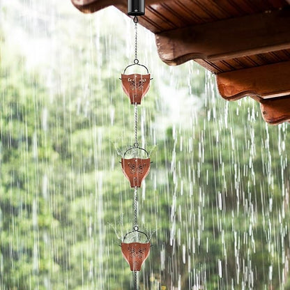 7.78ft Rain Chains for Outside, 8 Cups Copper Plated Lotus Rain Chain Cups, Adjustable Rain Catcher Chain with Bell for Eaves Drainage, Replacement for Downspout (Butterfly+Retro Copper)