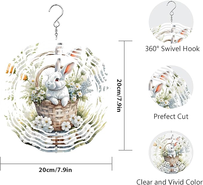Easter Bunny Wind Spinner Easter Day Gifts 3D Metal Kinetic Hanging Wind Sculpture Spinners for Yard and Garden Indoor Outdoor Window Easter Rabbit Yard Art Garden Decoration 8 Inch (Bunny 2)