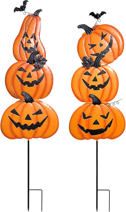 2 Pack Halloween/Thanksgiving Garden Stakes, Outdoor Party Décor Stacked Metal Pumpkins Jack-o-Lantern Lawn Decor, Yard Signs Stake Outdoor Decorative Pumpkin Home Lawn Pathway Driveway Decorations