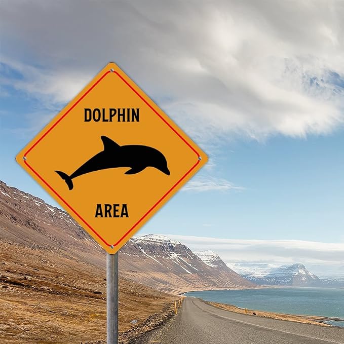 Caution Dolphin Crossing XING Tin Sign Dolphin Area Warning Street Sign Ocean Animal Novelty Caution Road Sign for Yard Garage Garden Outdoor Porch 15x15in