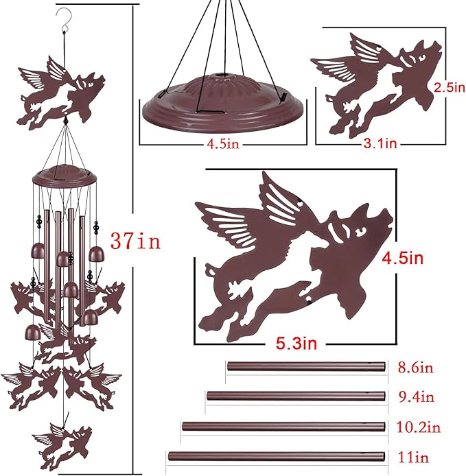 Flying Pigs Wind Chimes Outdoor Decoration, Gifts for Mom, Home, Garden, Balconies, Rooms, Patio, Indoor, Memorial Wind Chimes, 37.5 Inch Fly Pigs Wind Catcher, Outside Waterproof Pig Wind Bells