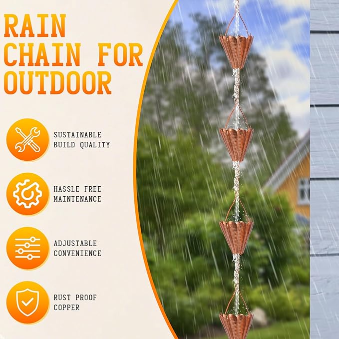 Copper Petal-Shaped Rain Chain, 98.42" Metal Rain Catcher Chain for Gutters, Decorative Outdoor Rain Chain with Hammered Finish, Garden Downspout Extension Replacement Ornament