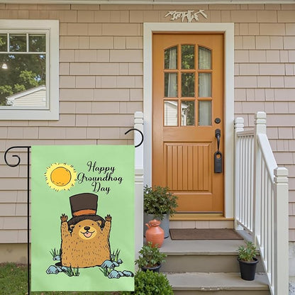 Happy Groundhog Day Garden Flag 12x18 Inch Double Sided Cute Groundhog with Top Hat and Sunshine Design Spring Outdoor Yard Flags Funny Holiday Porch Lawn Durable Banner for Home Garden Décor