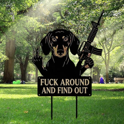 F Around & Find Out Dog Sentry Metal Dogs Silhouette Garden Stake with Middle Finger &Weapon Sign, FAFO Security Sign Middle Finger Dog Statue Decor for Outdoor Yard Patio (Dachshund, 8 * 16")