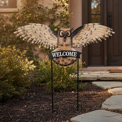 Decorative Garden Stakes Large Vintage Owl with Welcome Sign for Front Door 37.2W*35.2H, Metal Yard Art Oversized Rustic Lawn Ornaments Outdoor Decor for Mothers Day Garden Gifts