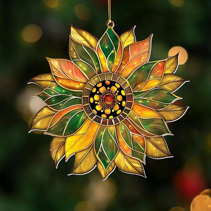 Stained Glass Acrylic Sunflower Ornament – Colorful Glass Sun Catcher for Windows, Christmas Tree Decoration 2025, Hanging Holiday & Everyday Décor Gift(Sun-22)